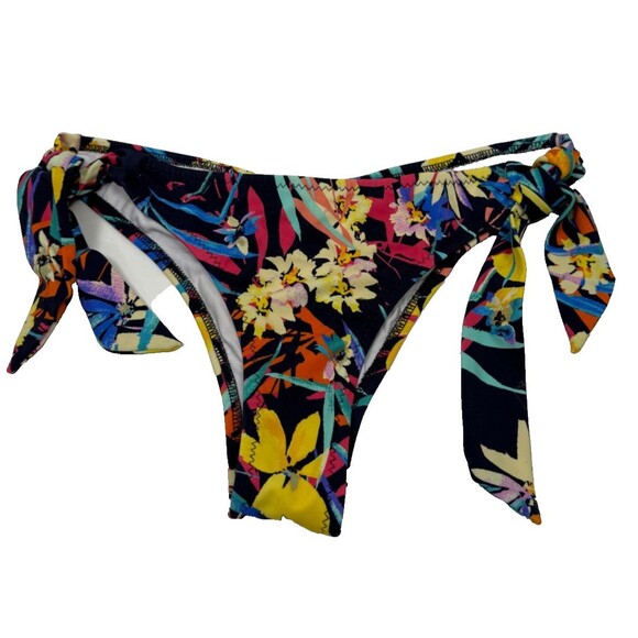 Pada Toscani Side Tie Bikini Bottom Black Floral Ruched Cheeky Swim Medium Beach - Picture 1 of 4